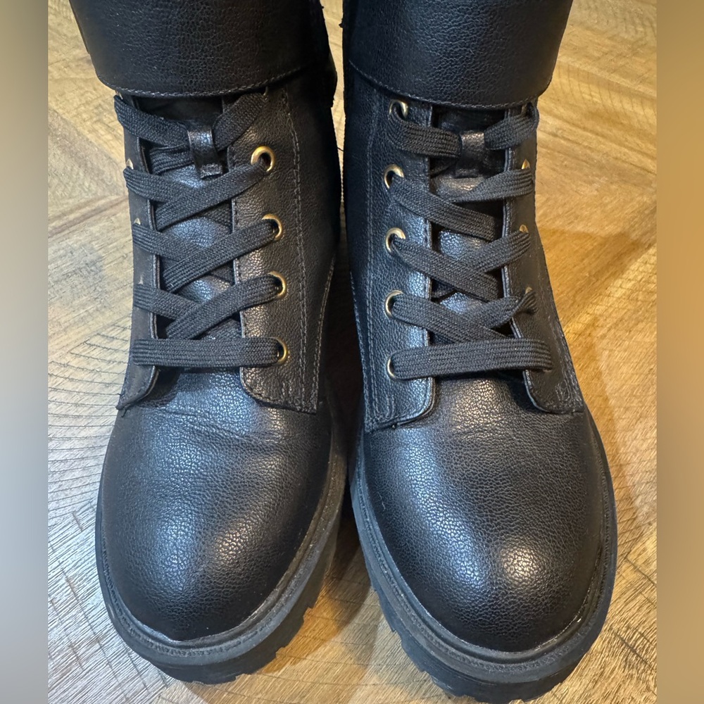 GUESS Caleena Lace Up Combat Boots With Gold Jeweled Guess Accent Strap NWOT - Picture 7 of 14